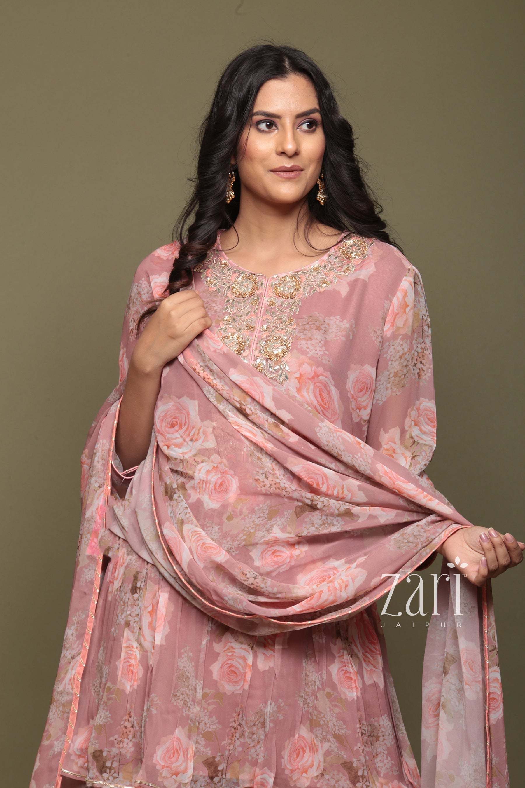 Printed Georgette Peplum kurta with Sharara in Digital Print