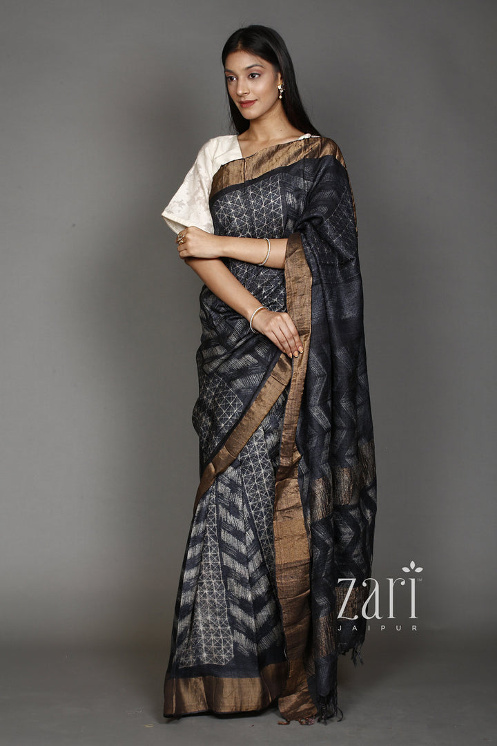 Tussar  Saree with Shibori, Zari work.