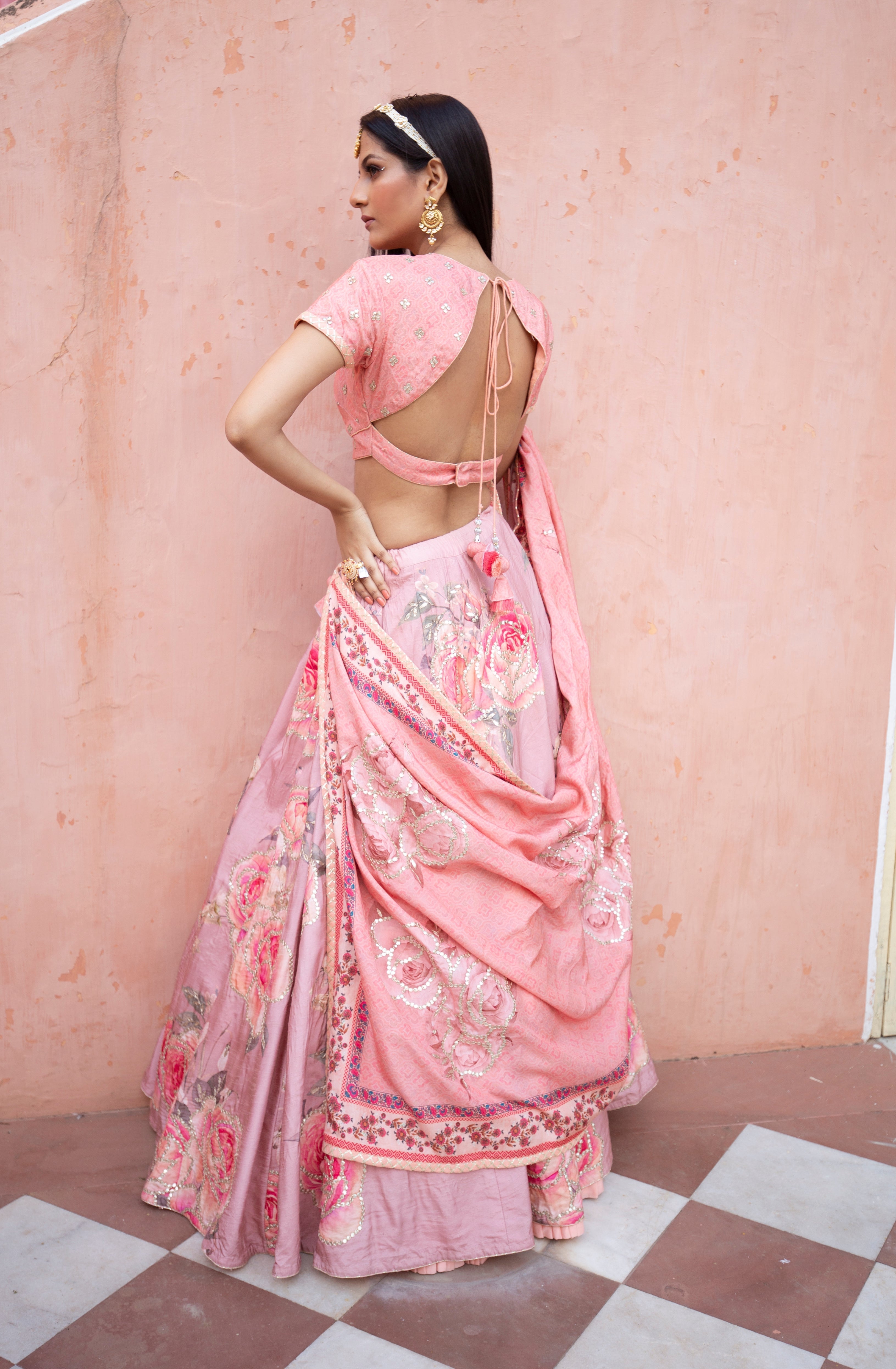 Silk Lehenga with Digital Print and Gota Patti work.