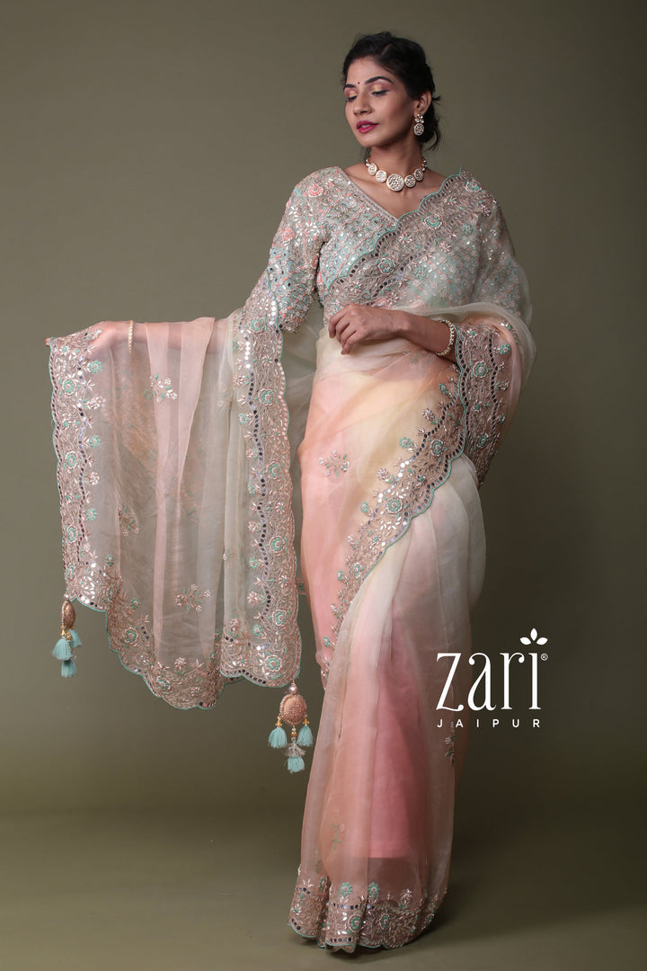 Silk Saree with Aari, Gota Patti, Mirror, Pearl, Thread, Zardozi work.