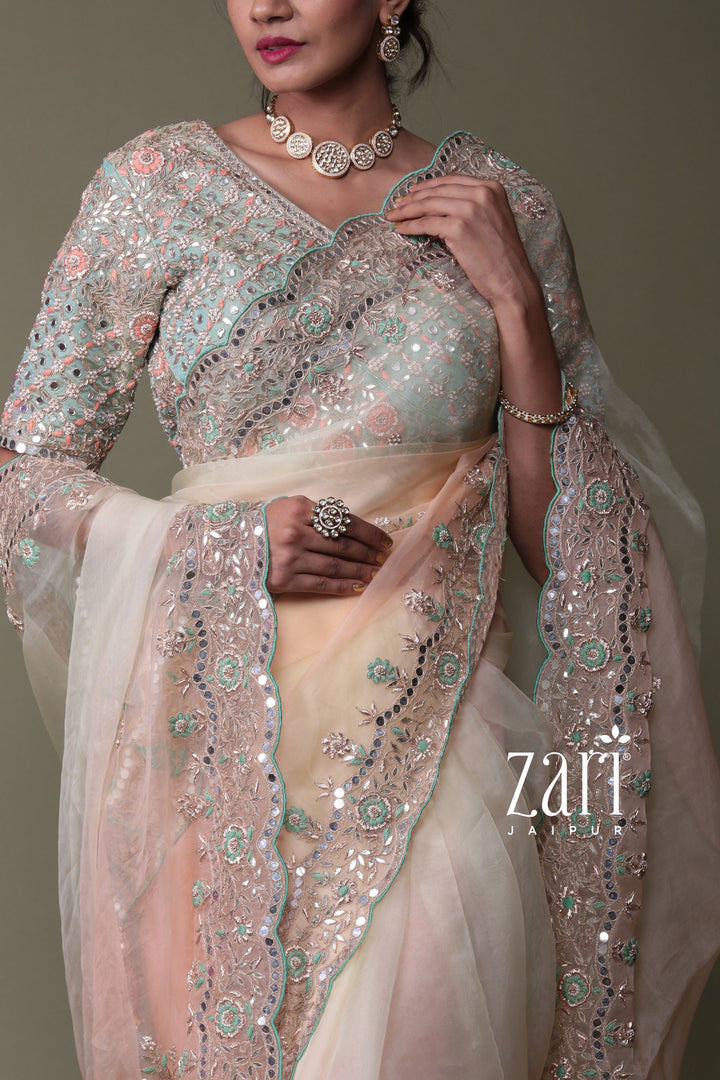 Silk Saree with Aari, Gota Patti, Mirror, Pearl, Thread, Zardozi work.
