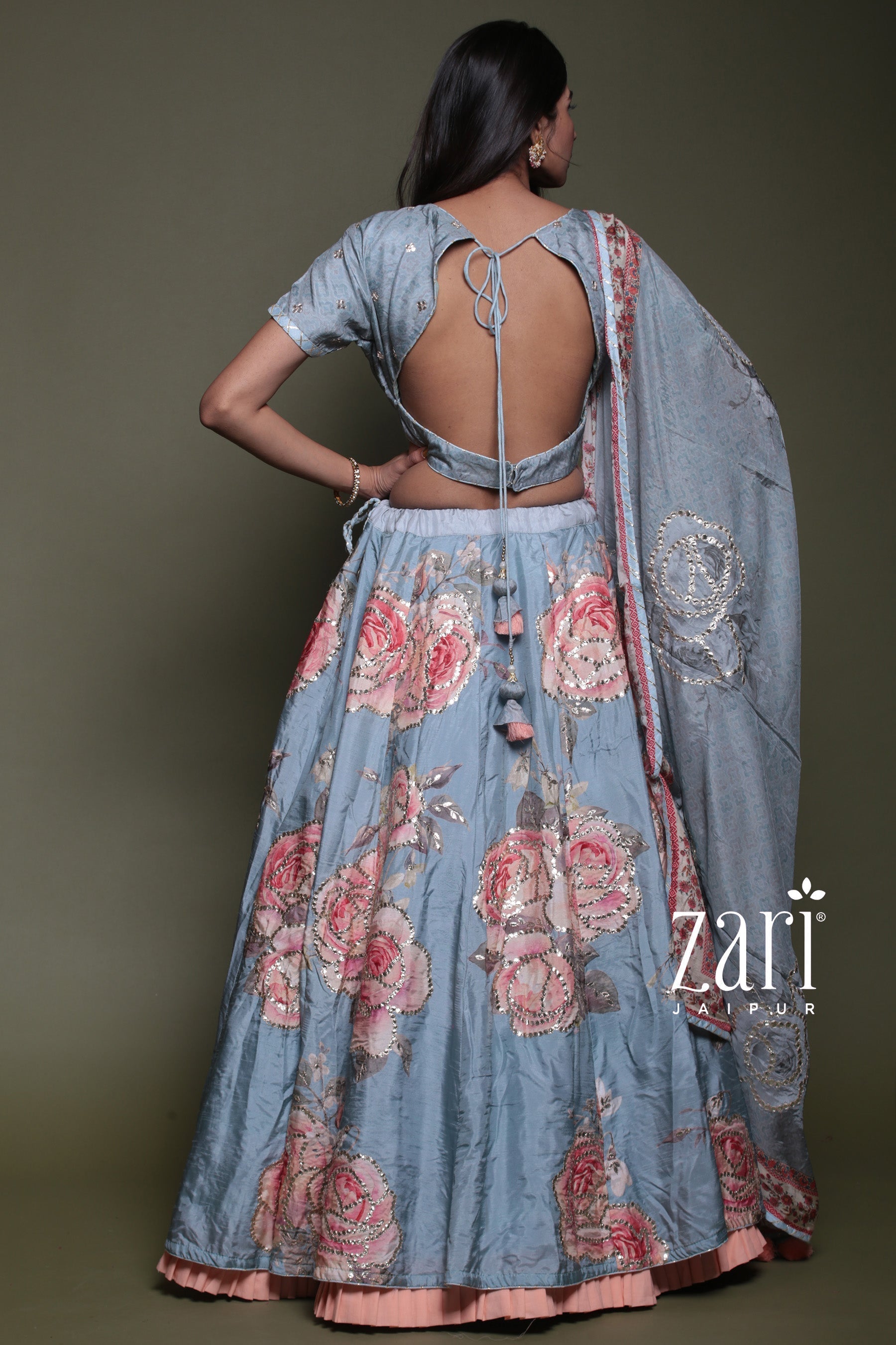 Silk Lehenga with Digital Print and Gota Patti work.