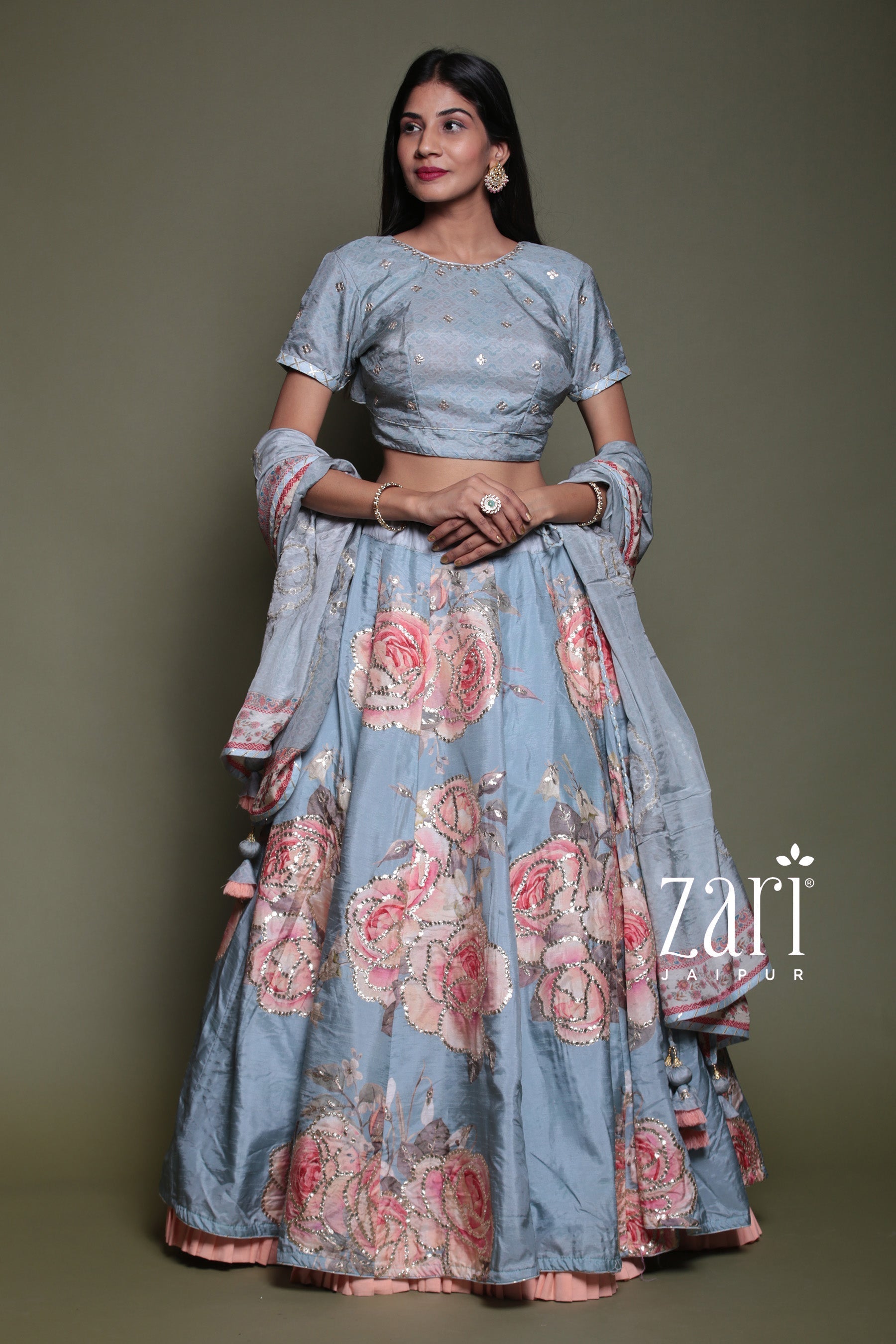Silk Lehenga with Digital Print and Gota Patti work.