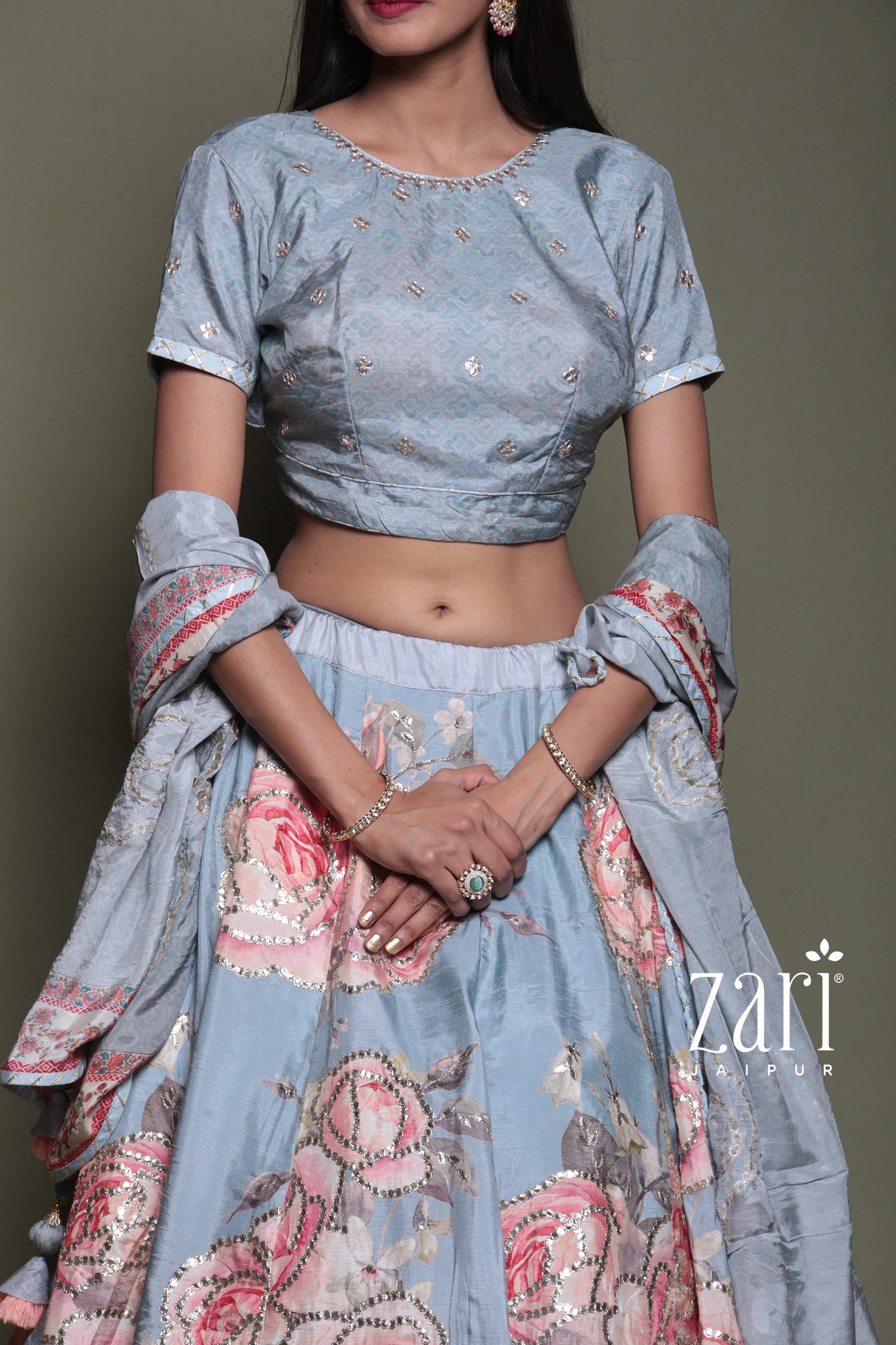 Silk Lehenga with Digital Print and Gota Patti work.