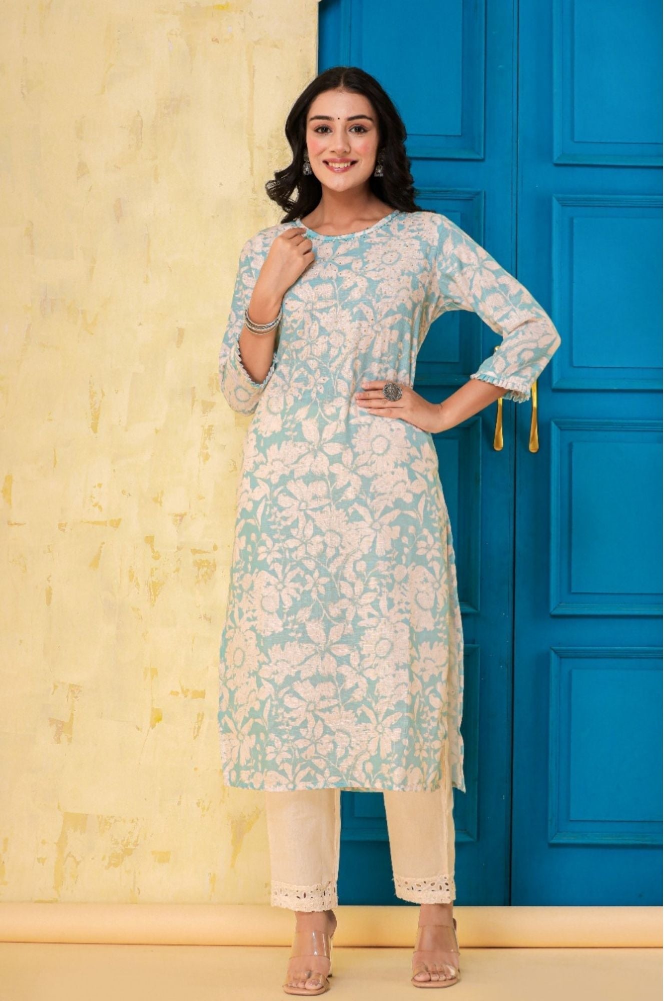 Printed Muslin Kurta Stitched With Sequins work.