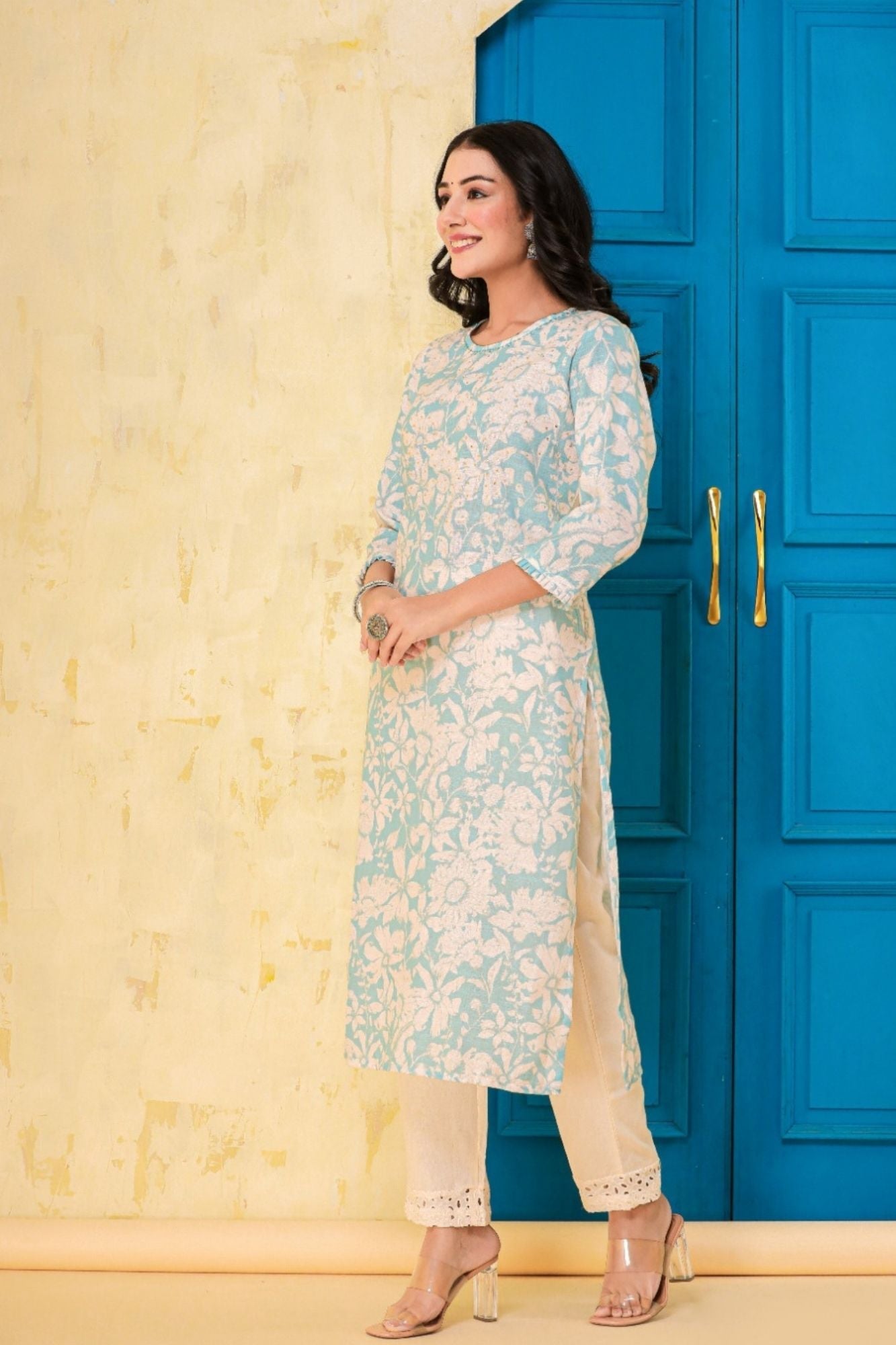 Printed Muslin Kurta Stitched With Sequins work.