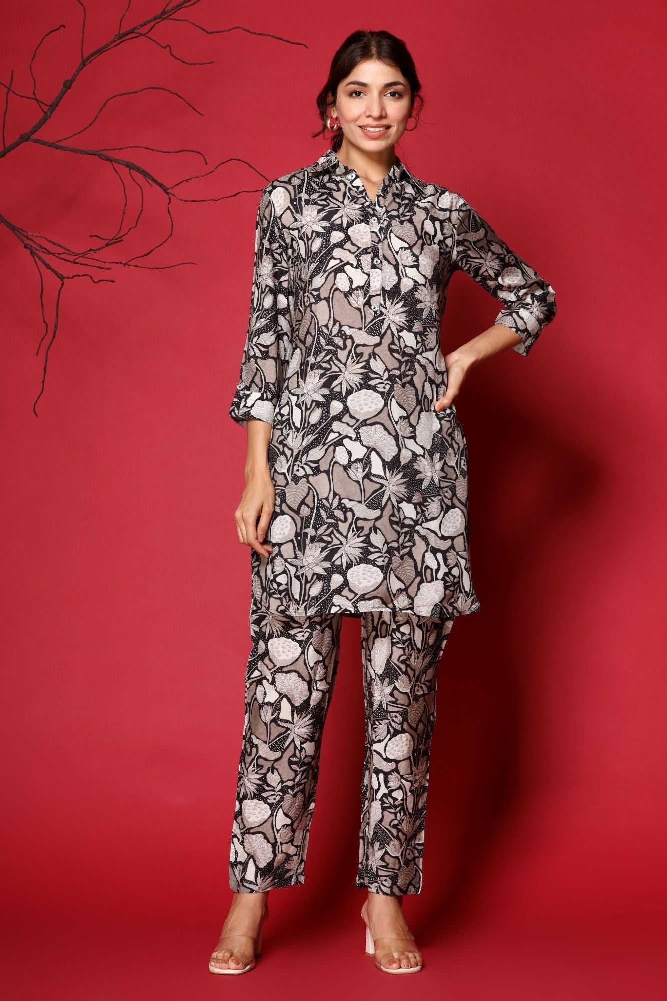 Printed Muslin Co Ords Set with Sequins work.