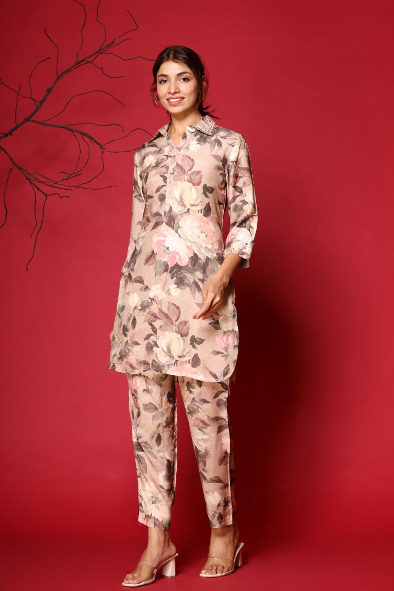 Digital Print Muslin Co Ords Set with Pearl and Sequins work.