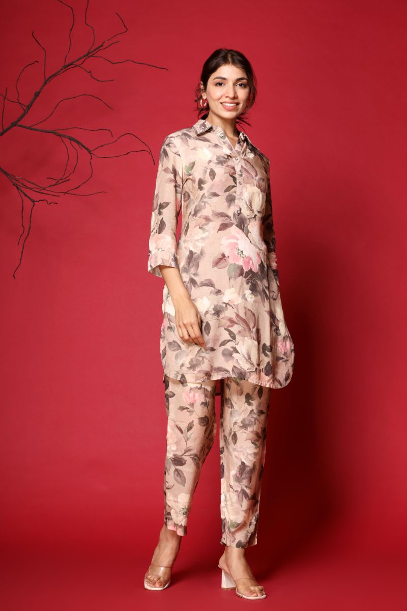 Digital Print Muslin Co Ords Set with Pearl and Sequins work.