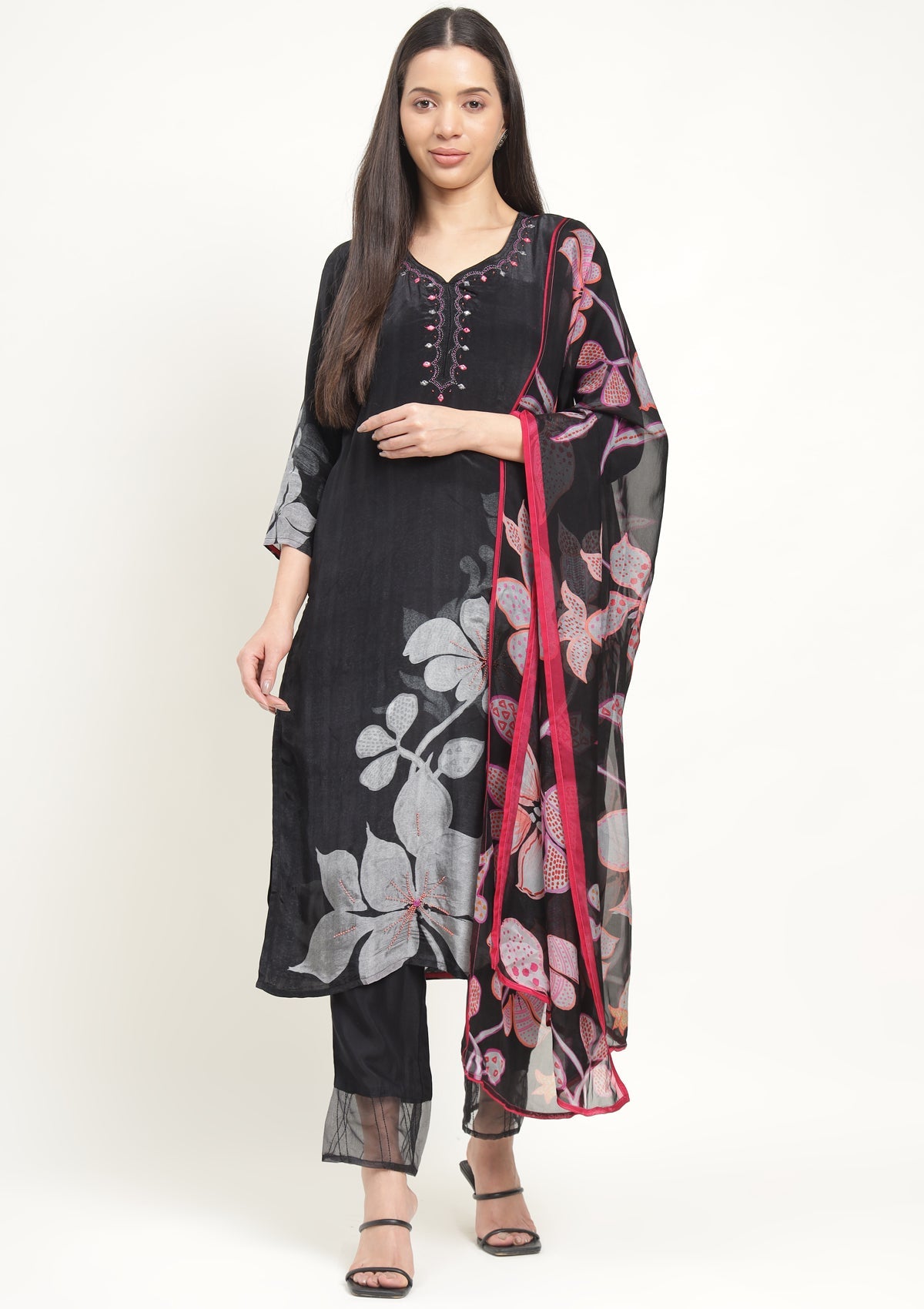 Printed Silk Blend Kurta Set with Thread work