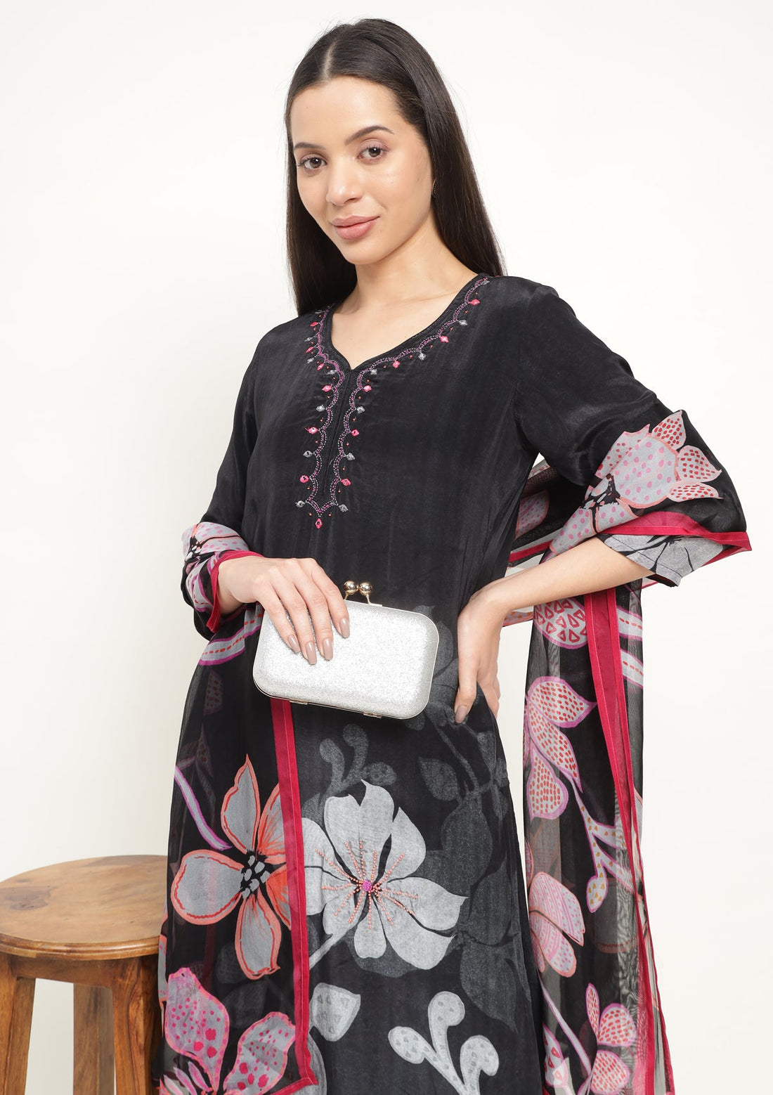 Printed Silk Blend Kurta Set with Thread work
