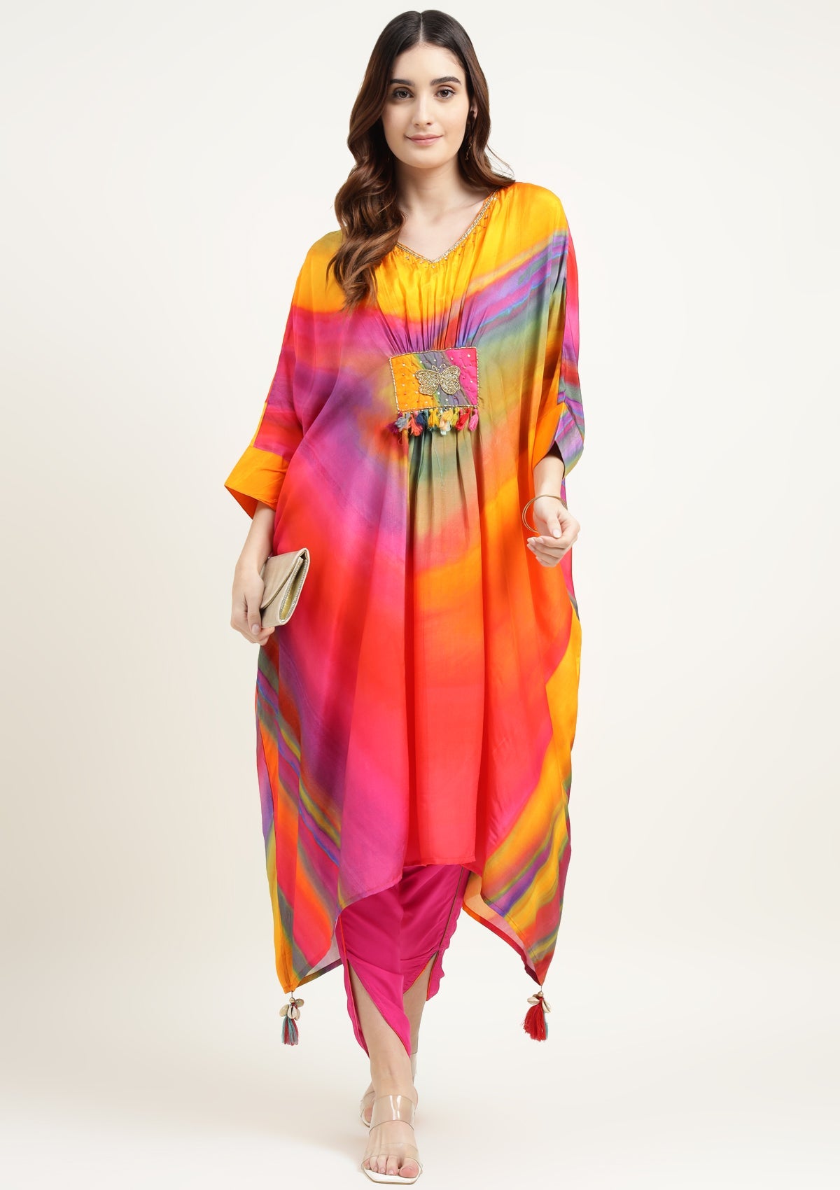 Printed Silk Blend Kaftan Set Stitched with Cutdana Work