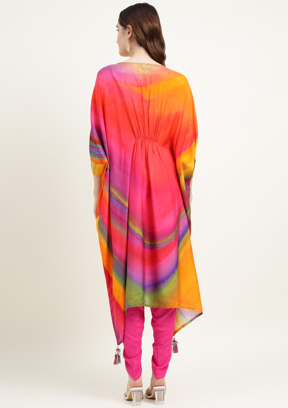 Printed Silk Blend Kaftan Set Stitched with Cutdana Work