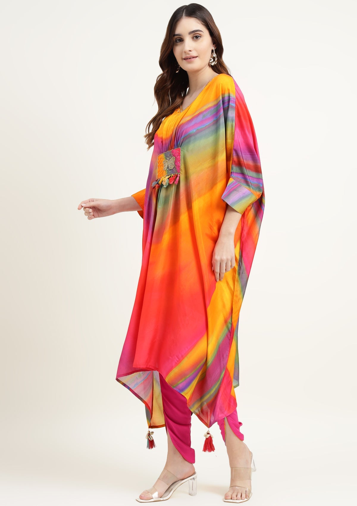 Printed Silk Blend Kaftan Set Stitched with Cutdana Work