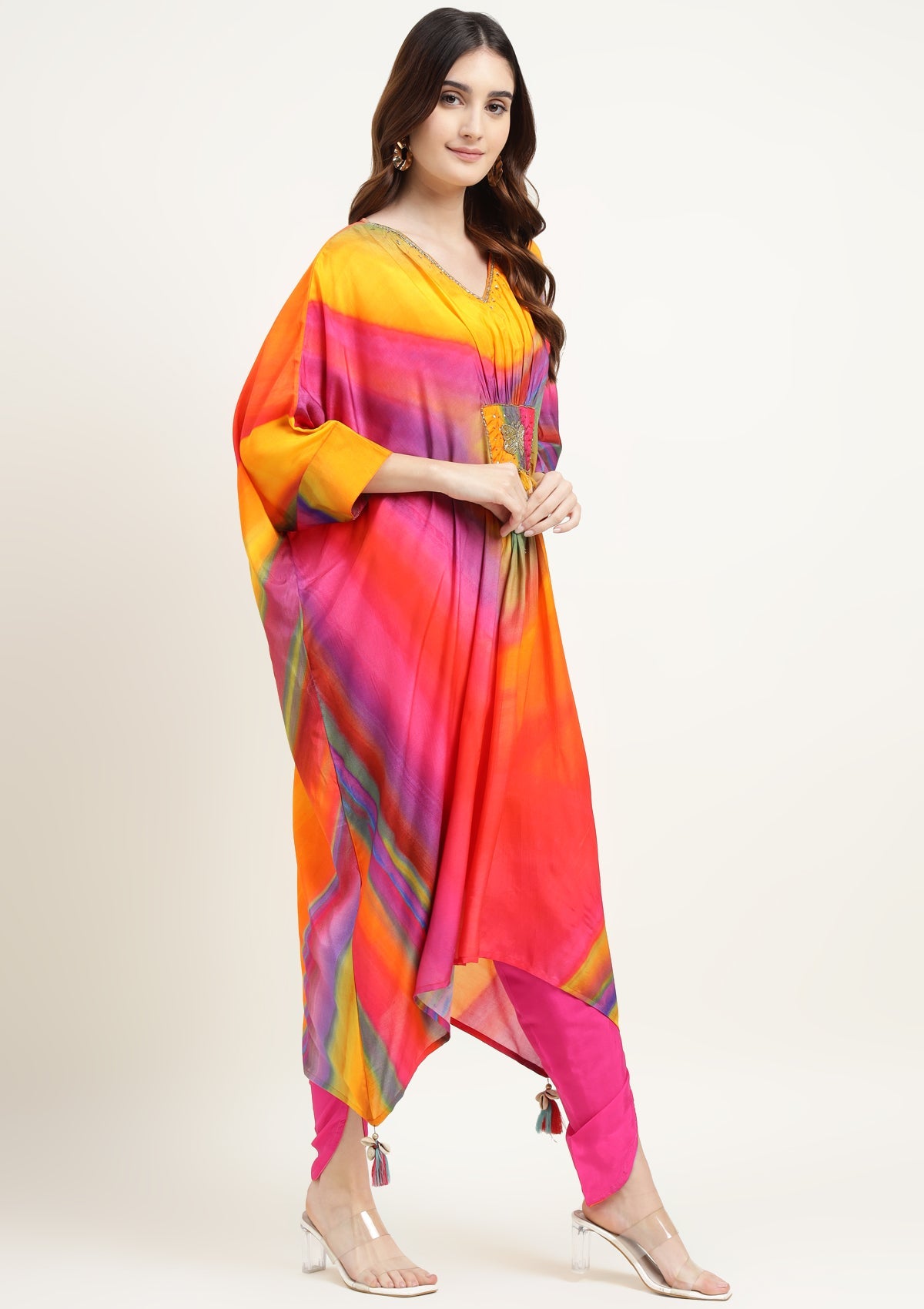 Printed Silk Blend Kaftan Set Stitched with Cutdana Work