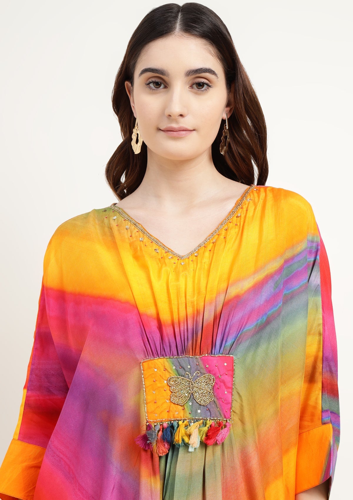 Printed Silk Blend Kaftan Set Stitched with Cutdana Work