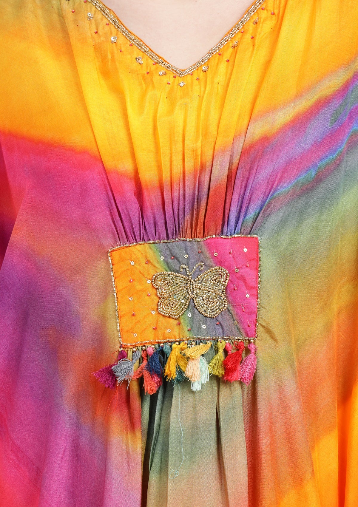 Printed Silk Blend Kaftan Set Stitched with Cutdana Work