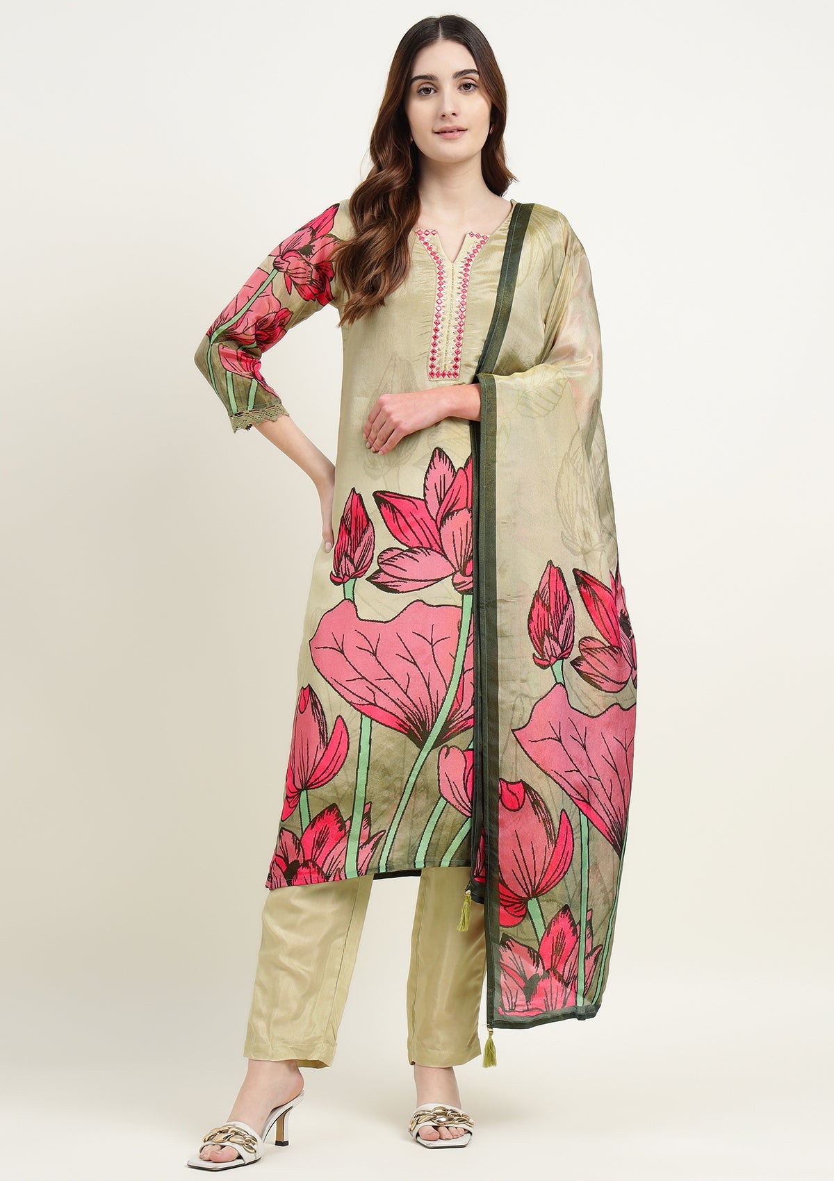 Printed Shimmer Tissue Kurta Set with Thread work