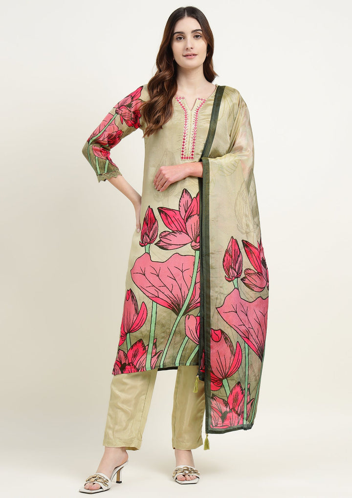 Printed Shimmer Tissue Kurta Set with Thread work
