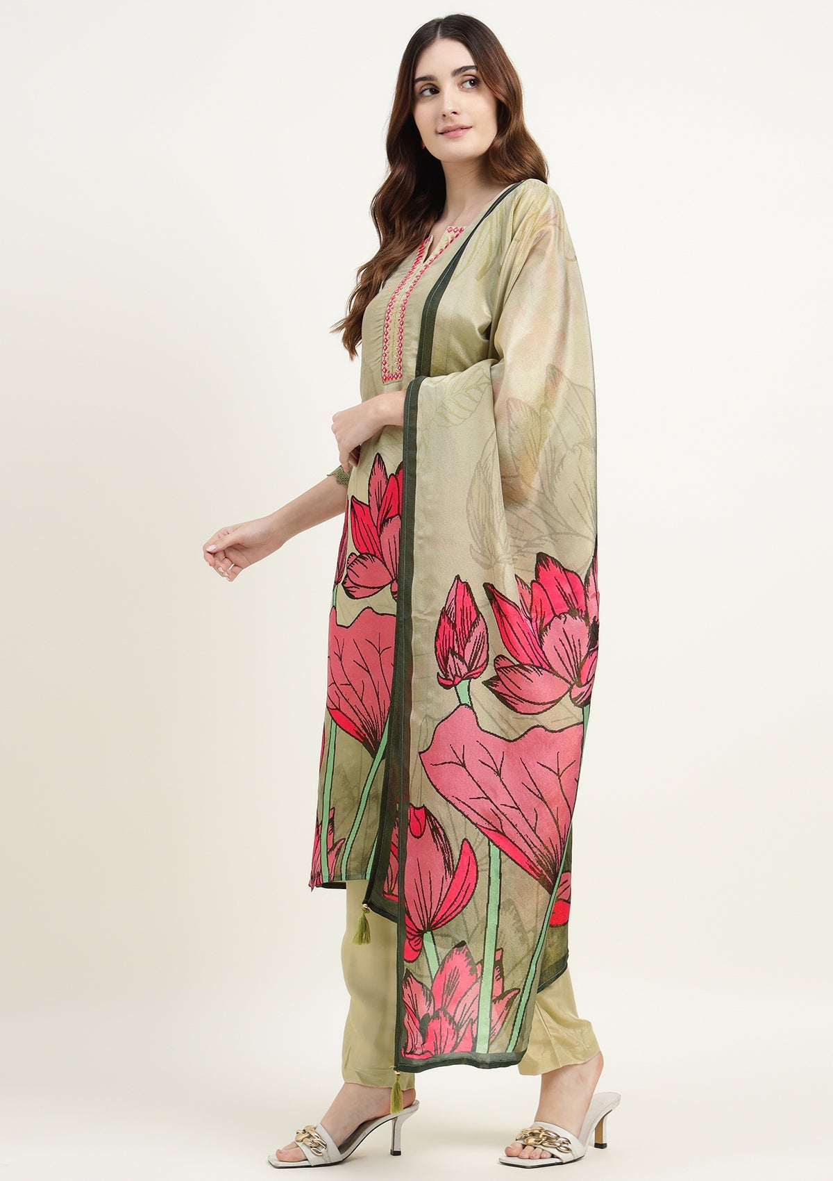 Printed Shimmer Tissue Kurta Set with Thread work