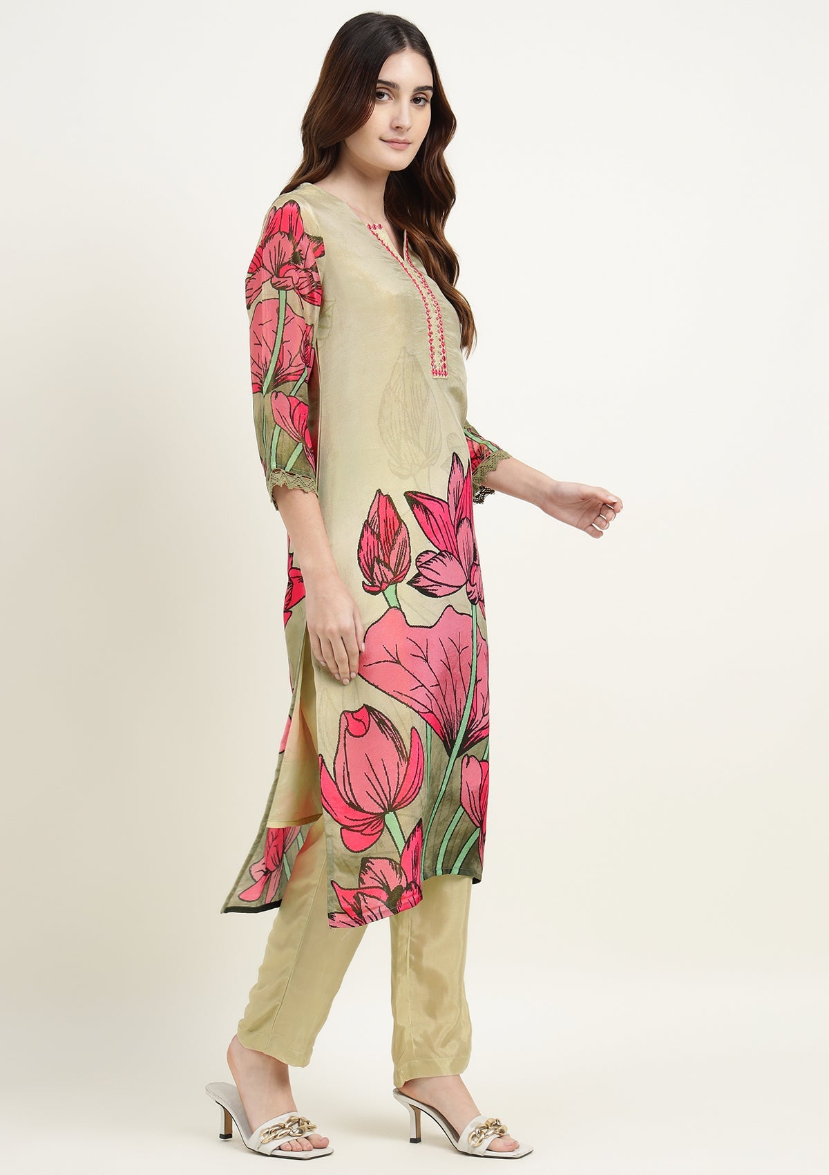 Printed Shimmer Tissue Kurta Set with Thread work