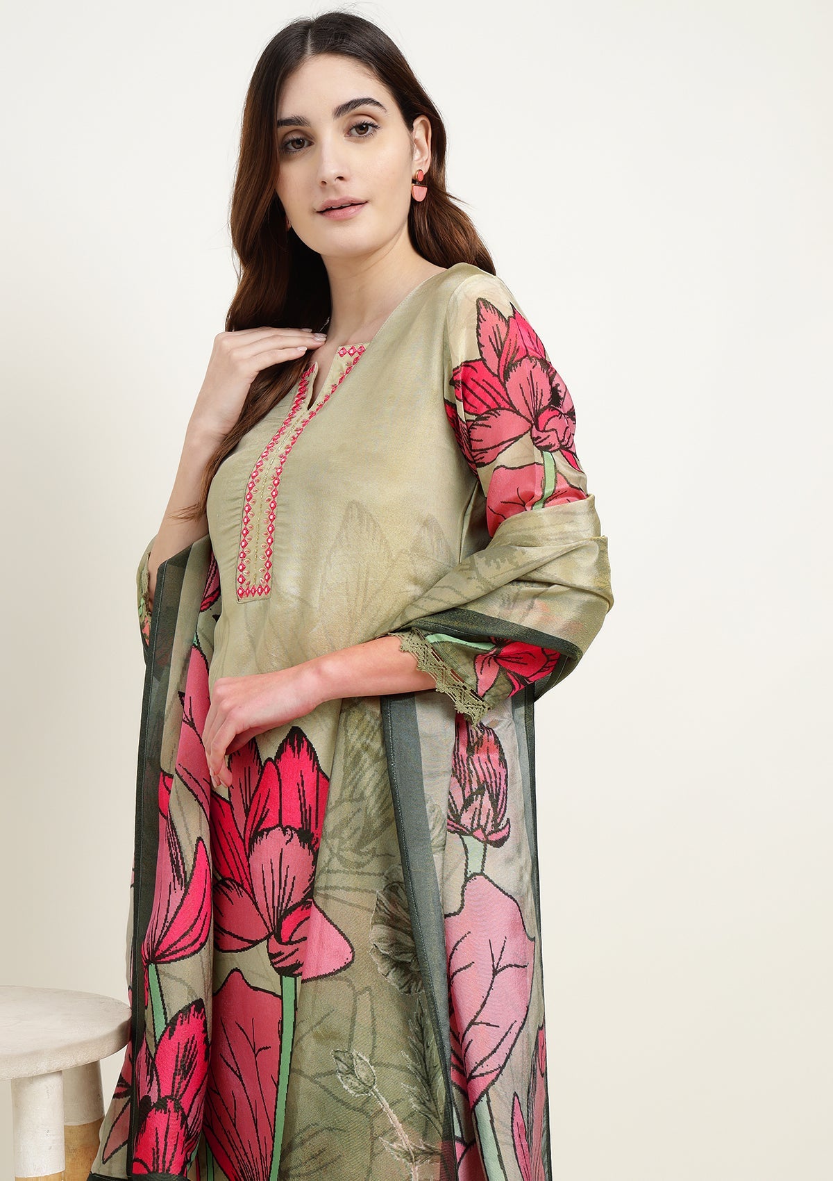 Printed Shimmer Tissue Kurta Set with Thread work