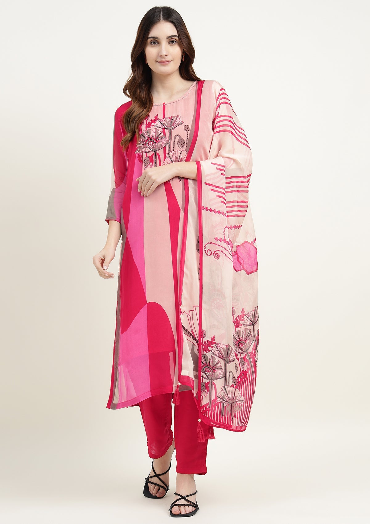 Printed Georgette Kurta Set Stitched with Cutdana work