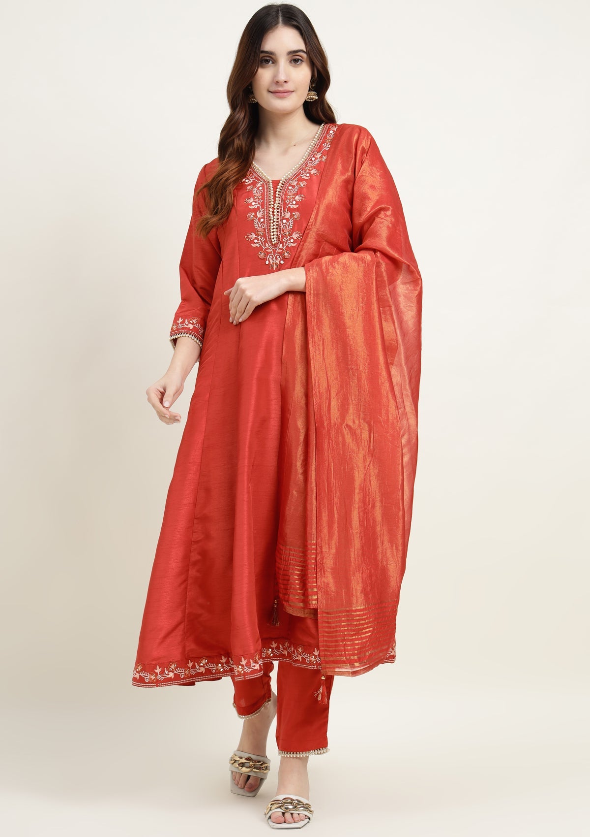 Silk Anarkali Kurta Set with Pearl and Embroidered work