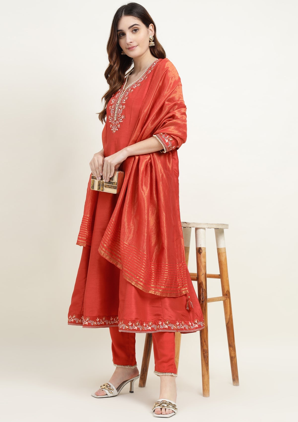 Silk Anarkali Kurta Set with Pearl and Embroidered work