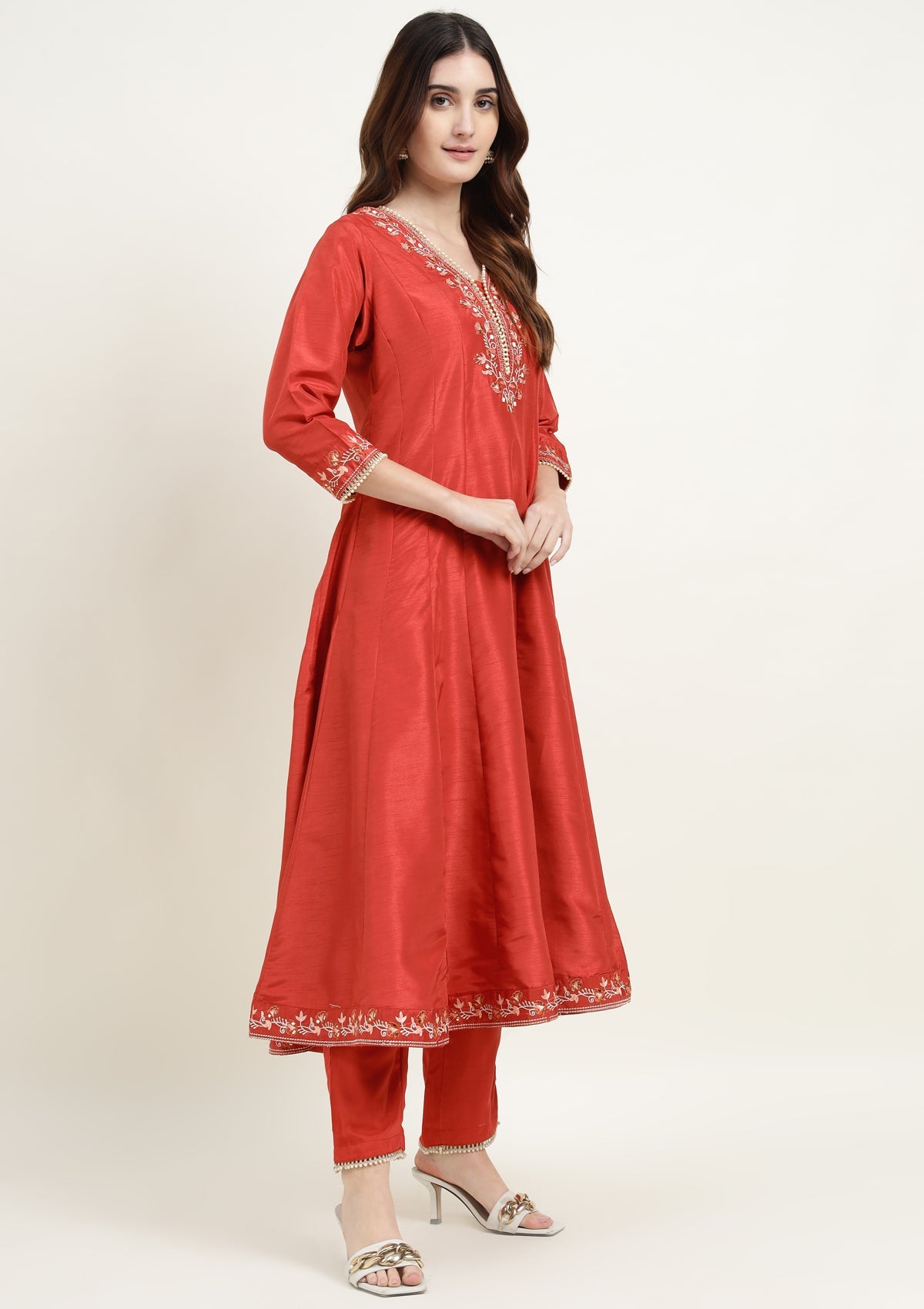 Silk Anarkali Kurta Set with Pearl and Embroidered work