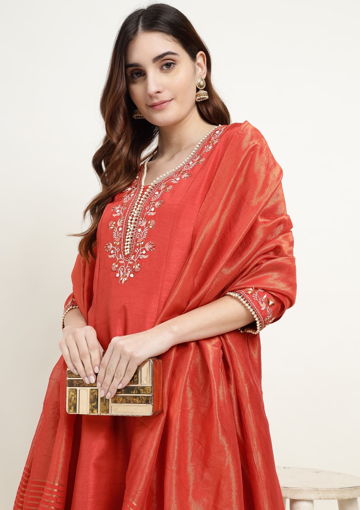 Silk Anarkali Kurta Set with Pearl and Embroidered work