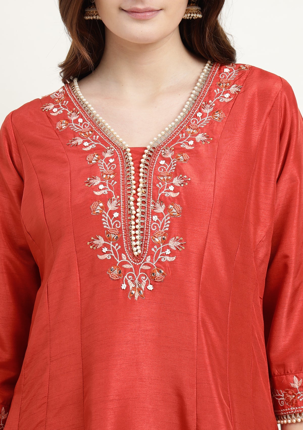 Silk Anarkali Kurta Set with Pearl and Embroidered work