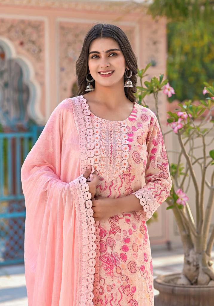 Printed Cotton Straight Suit with Embroidered work.