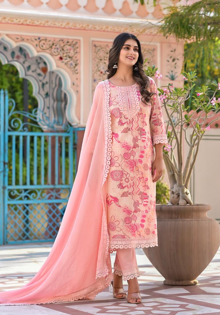 Printed Cotton Straight Suit with Embroidered work.