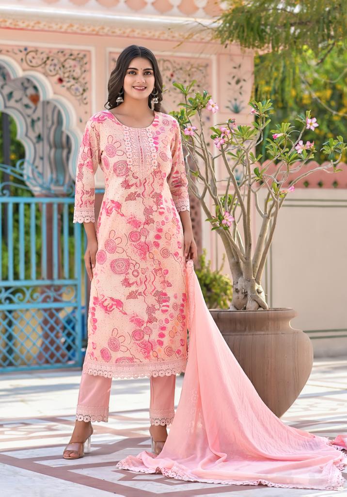 Printed Cotton Straight Suit with Embroidered work.