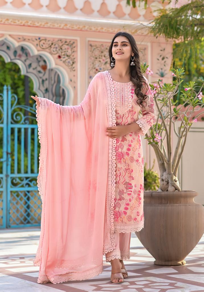 Printed Cotton Straight Suit with Embroidered work.