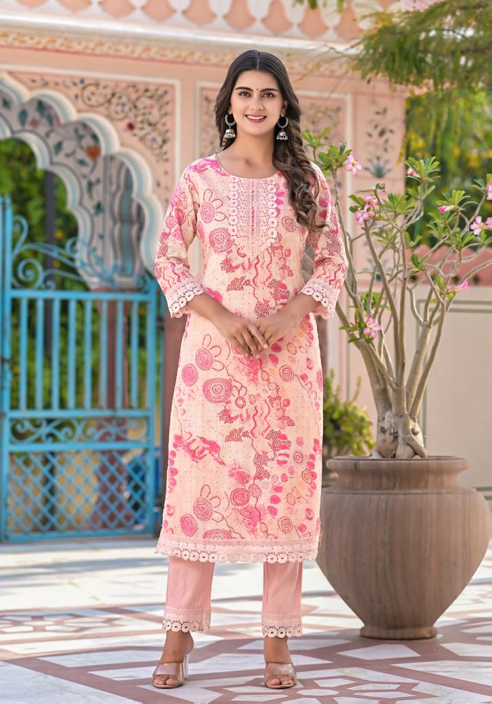 Printed Cotton Straight Suit with Embroidered work.