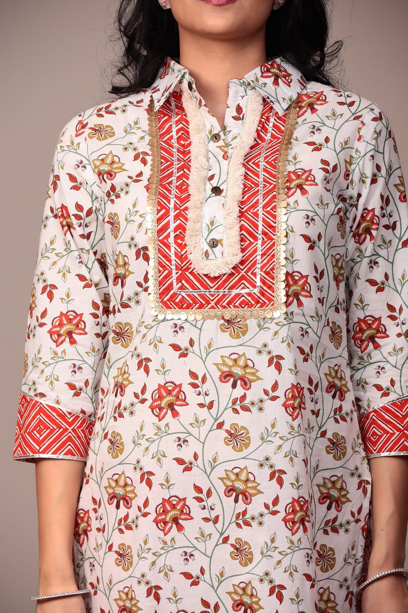 Block Print Cotton Kurta with Gota, Thread work.