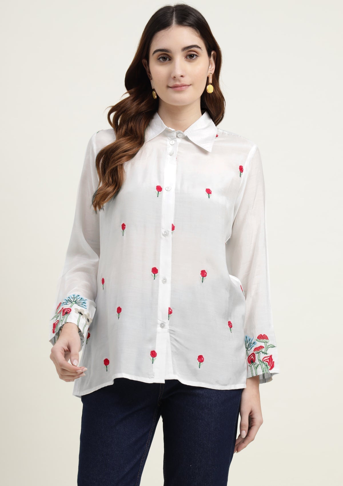 Silk Blend Shirt with Flower Embroidery