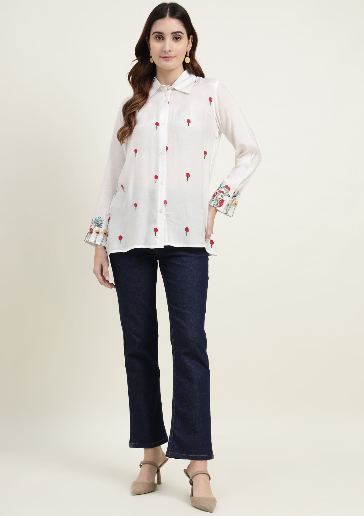 Silk Blend Shirt with Flower Embroidery