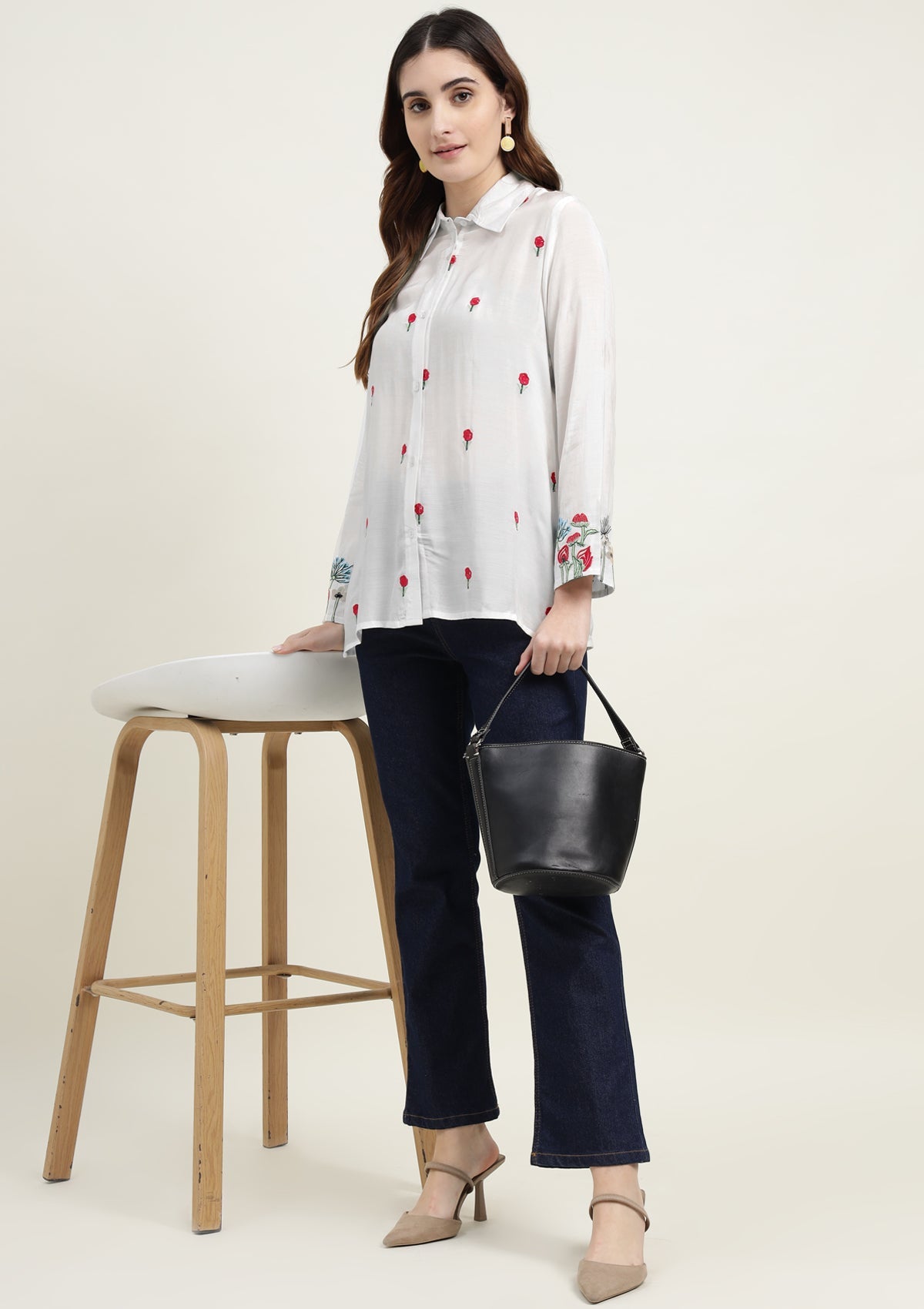 Silk Blend Shirt with Flower Embroidery