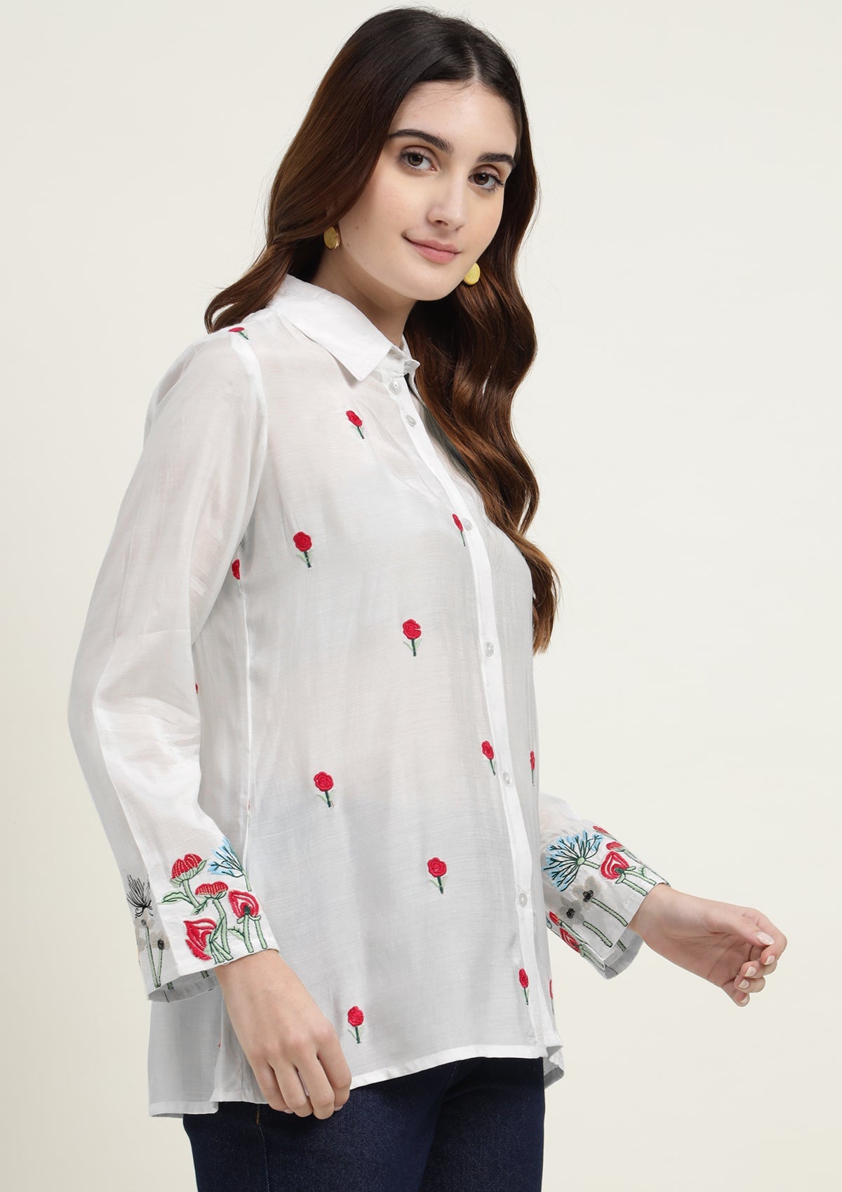 Silk Blend Shirt with Flower Embroidery