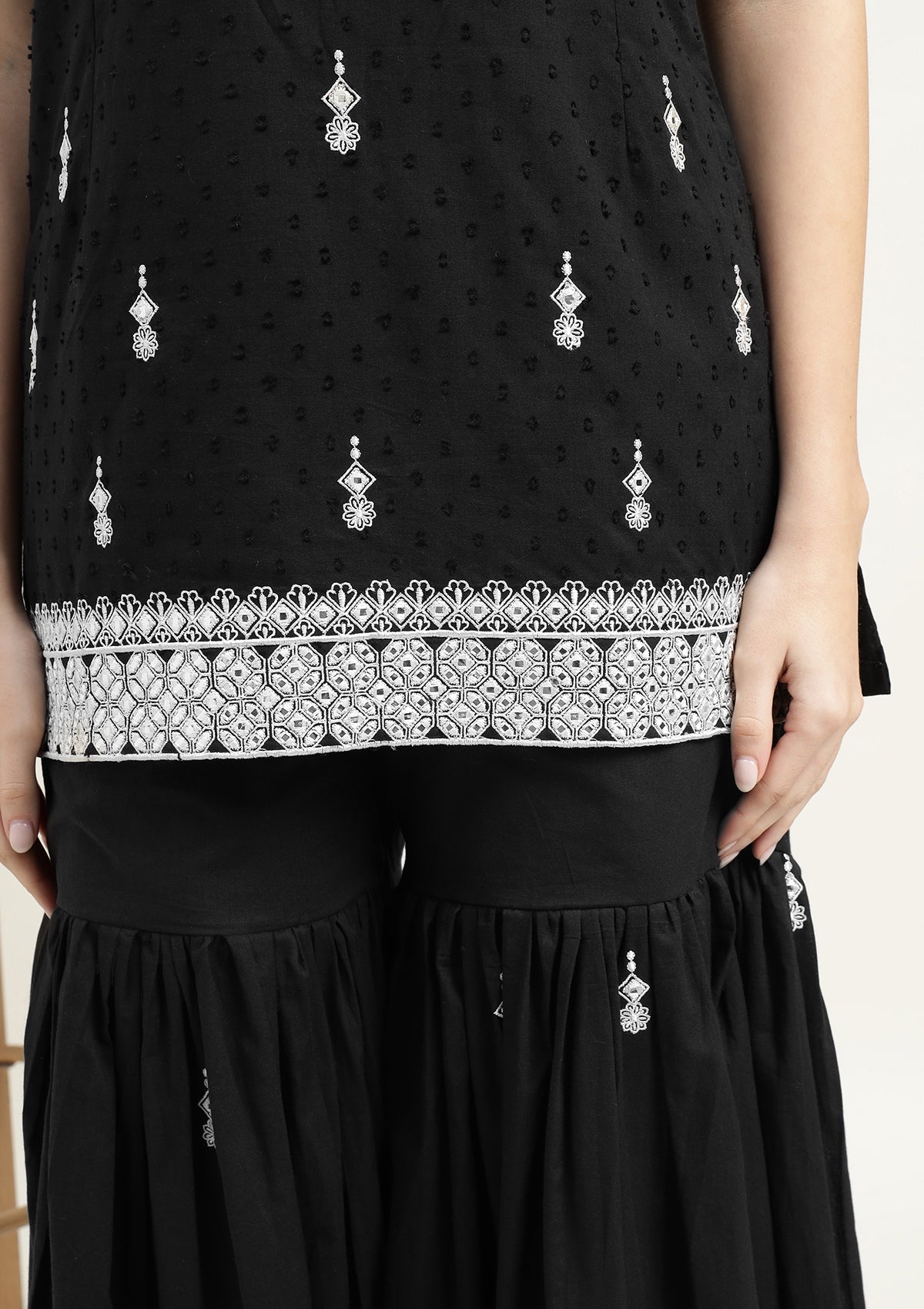 Black Pure Cotton Sharara Suit with Thread work