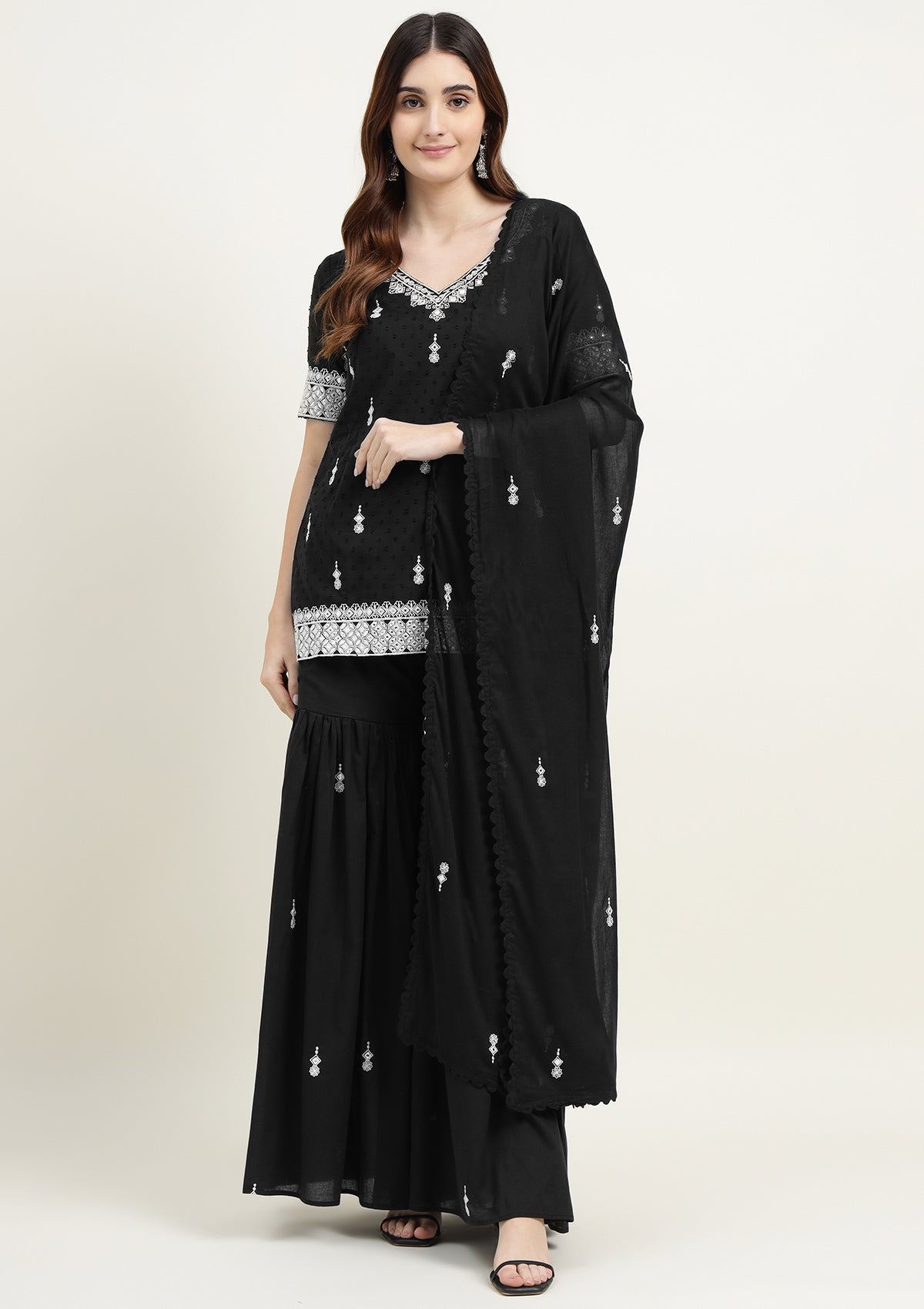 Black Pure Cotton Sharara Suit with Thread work