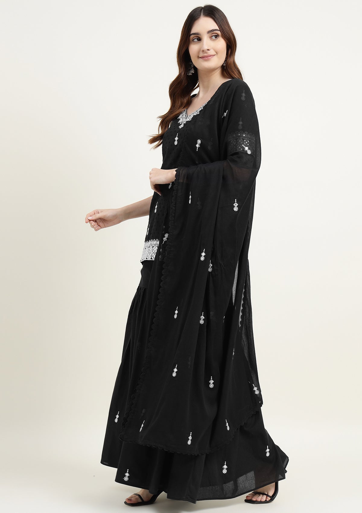 Black Pure Cotton Sharara Suit with Thread work