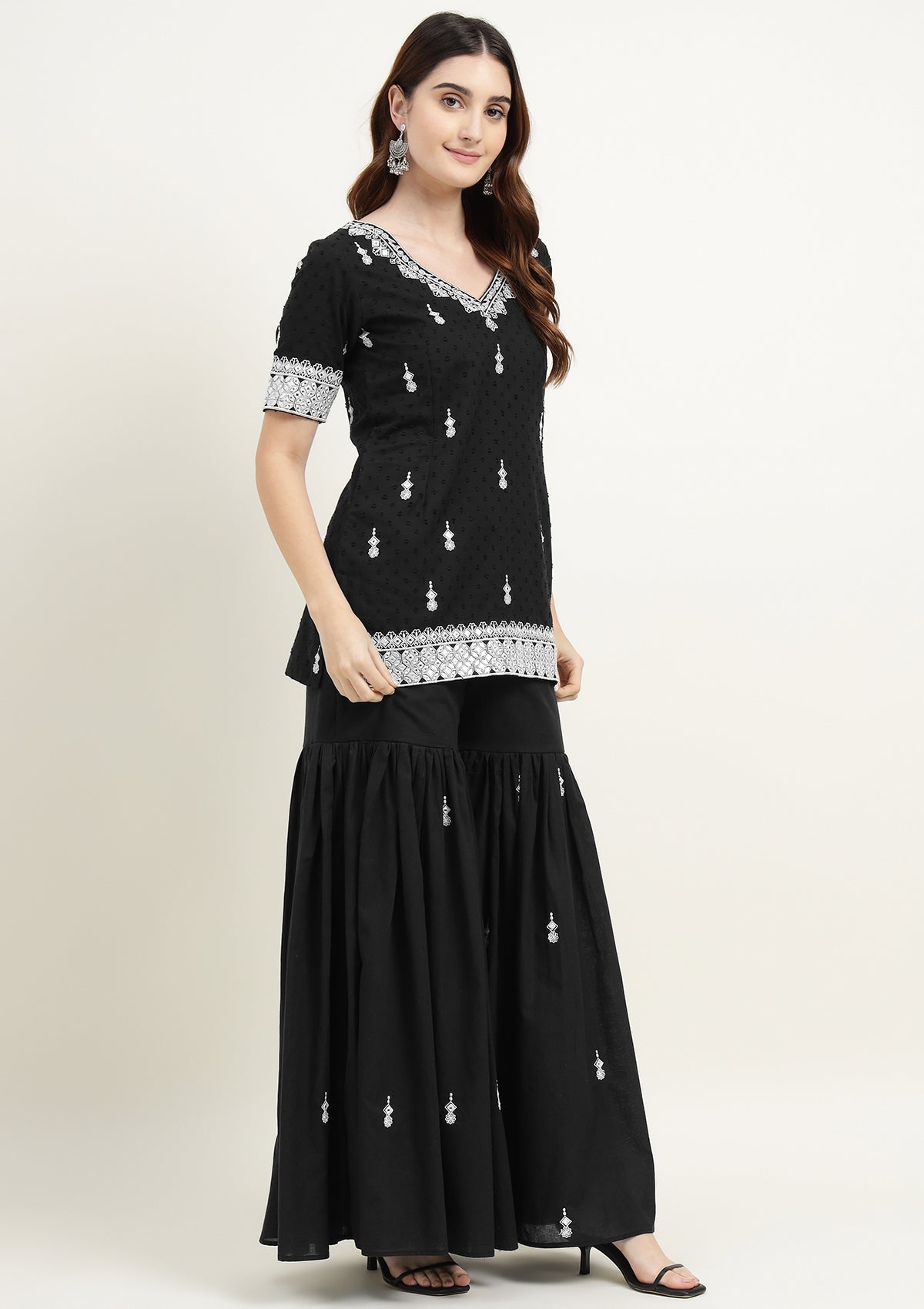 Black Pure Cotton Sharara Suit with Thread work