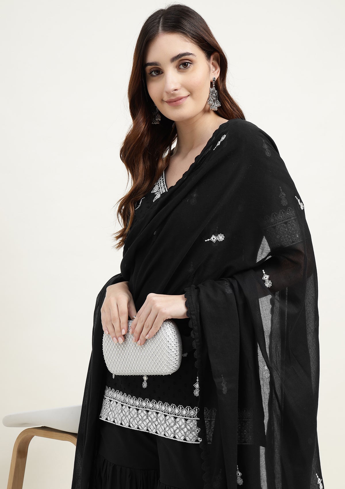 Black Pure Cotton Sharara Suit with Thread work
