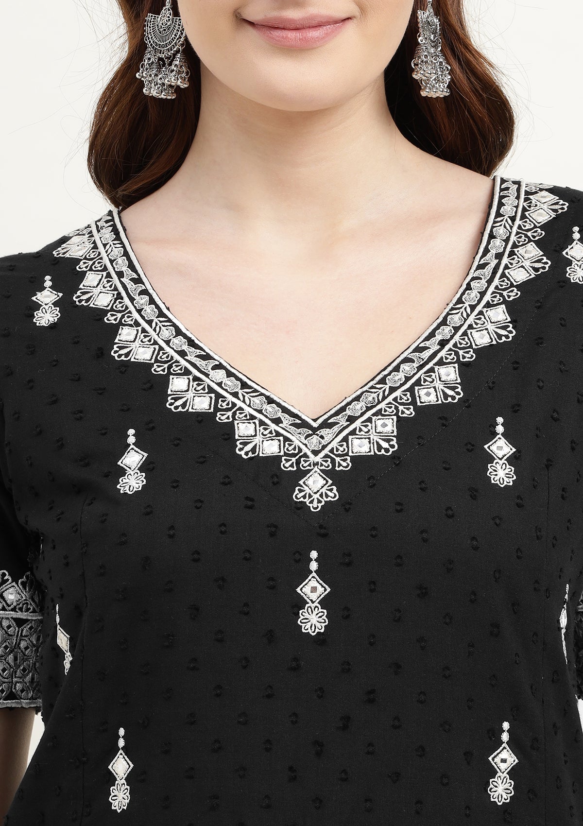 Black Pure Cotton Sharara Suit with Thread work