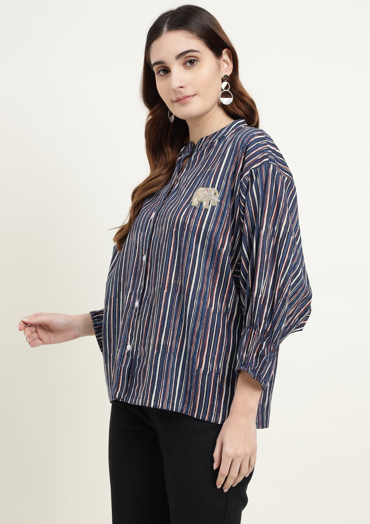 Printed Pure Cotton Kurta with Zardozi Embosed Elephant Motif