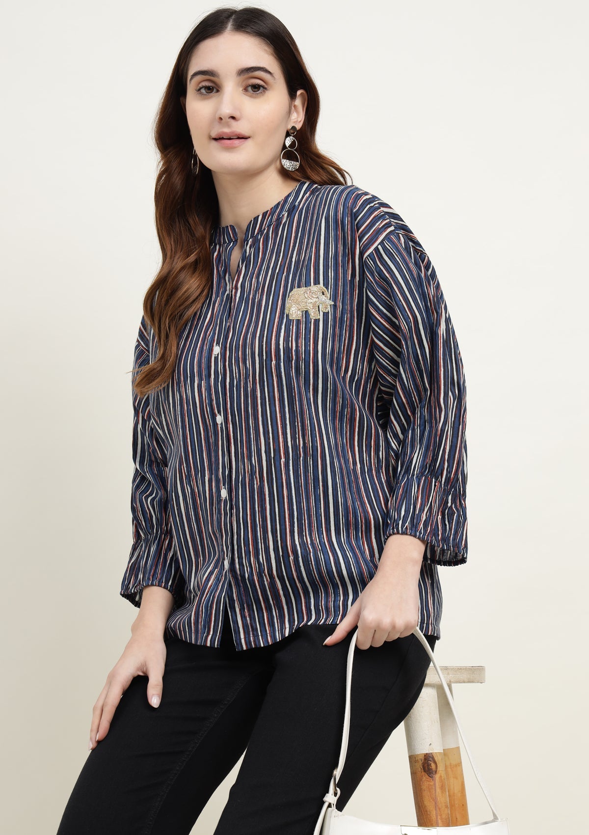 Printed Pure Cotton Kurta with Zardozi Embosed Elephant Motif